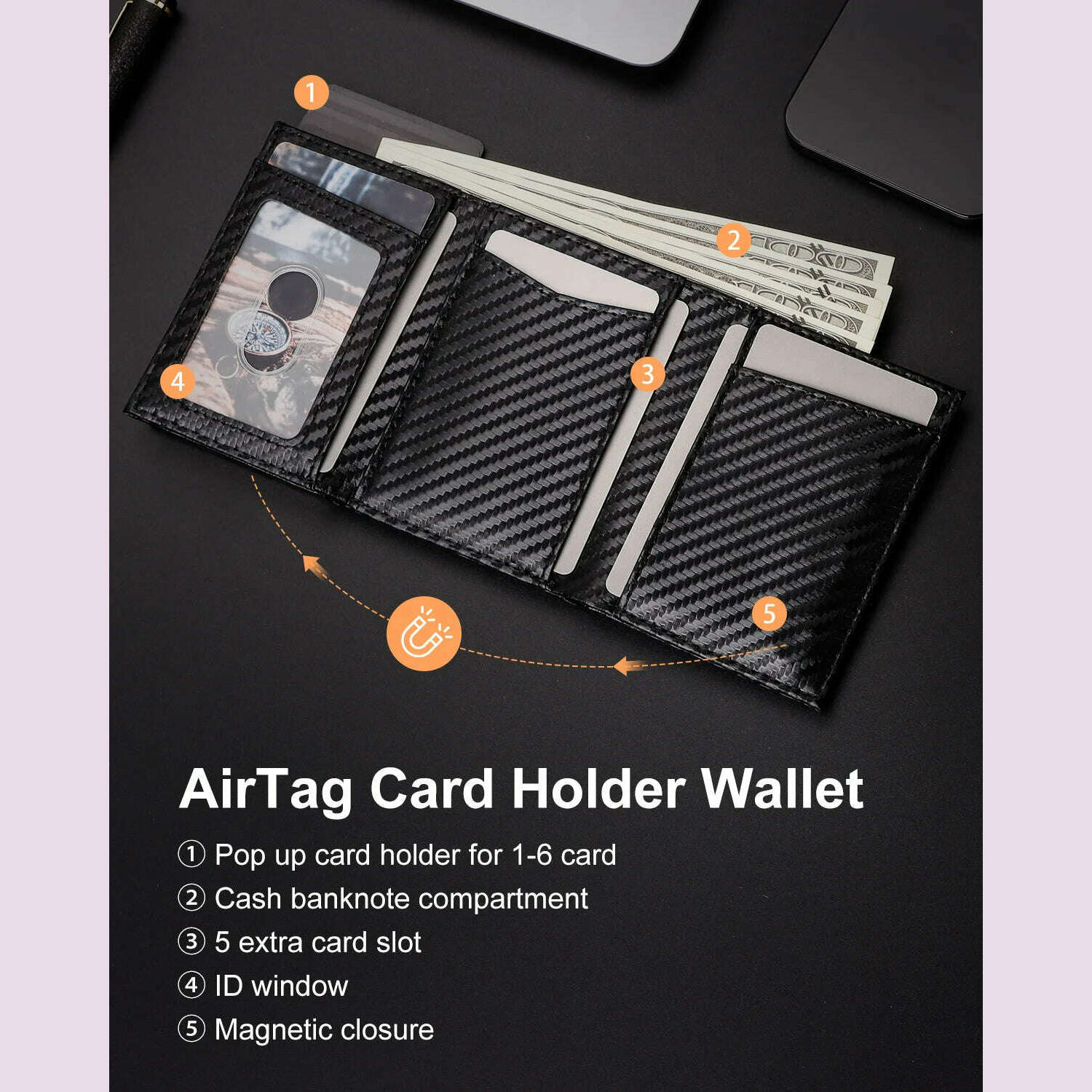 Carbon Fiber Mens Airtag Wallet RFID Blcoking Pop Up Aluminum Card Holder Slim Male Smart Front Pocket with Banknote Compartment