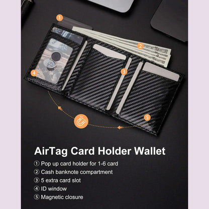 Carbon Fiber Mens Airtag Wallet RFID Blcoking Pop Up Aluminum Card Holder Slim Male Smart Front Pocket with Banknote Compartment