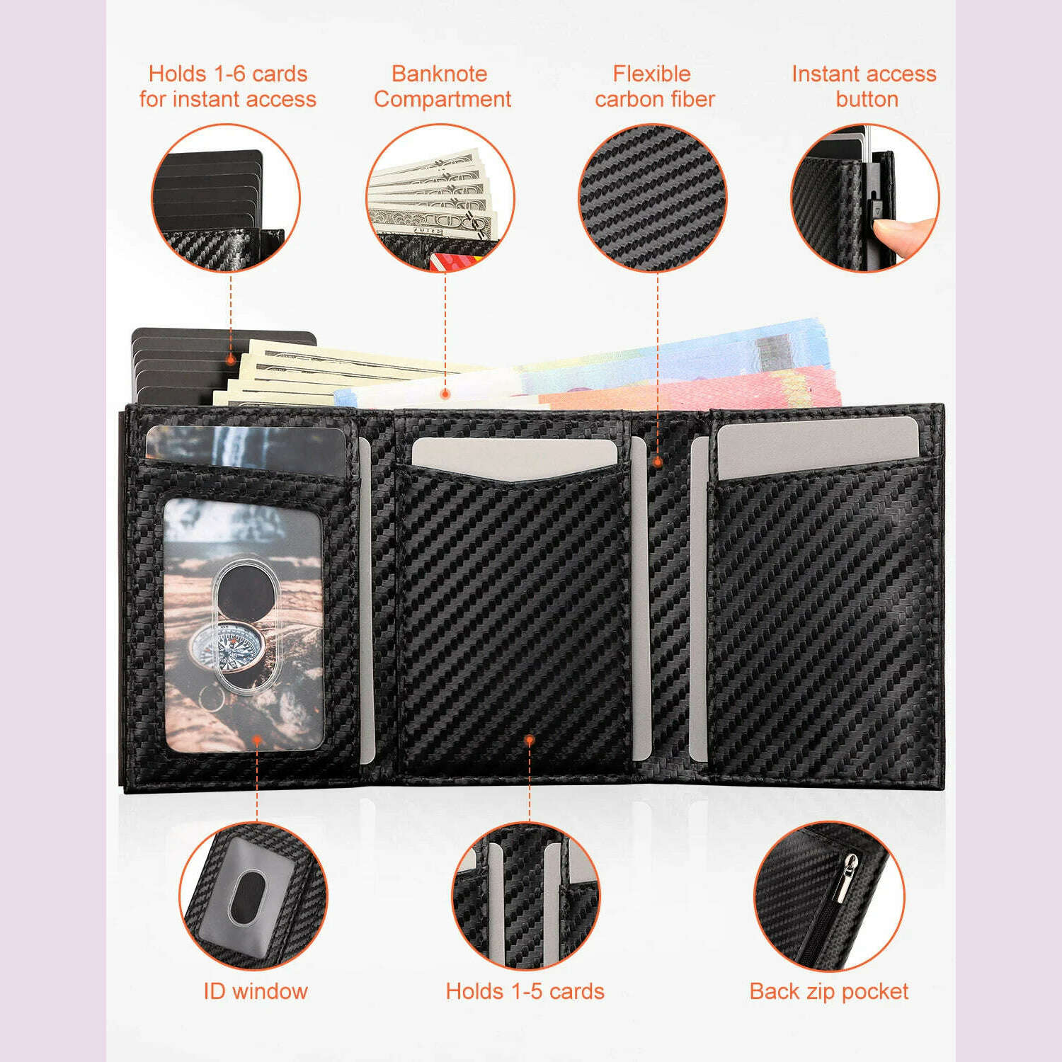 Carbon Fiber Mens Wallet Card Holder RFID Blcoking Pop Up Aluminum Cards Case Slim Male Front Pocket with Banknote Compartment
