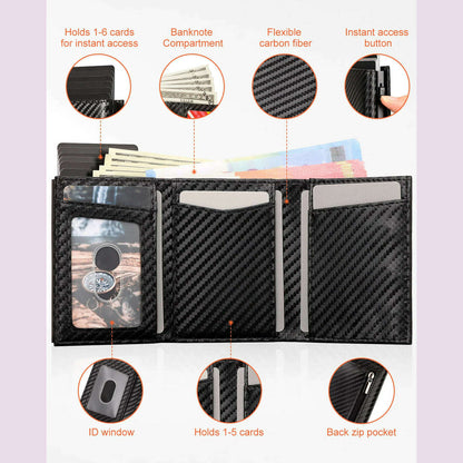 Carbon Fiber Mens Wallet Card Holder RFID Blcoking Pop Up Aluminum Cards Case Slim Male Front Pocket with Banknote Compartment