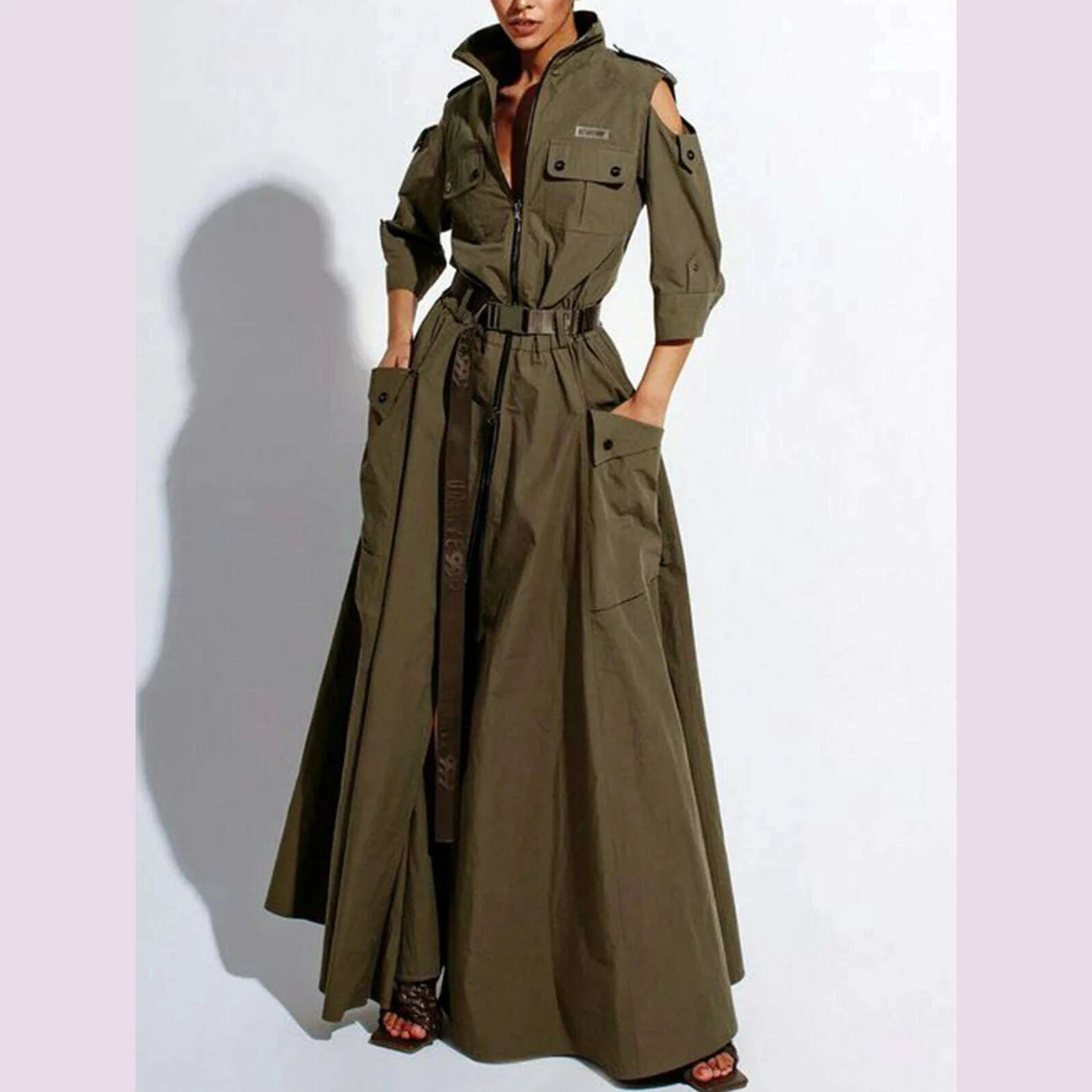 Cargo Dress for Women Vintage Zipper Fly Pockets Vintage High Street Cutout Shoulder Turn Down Collar with Belt Long Dresses