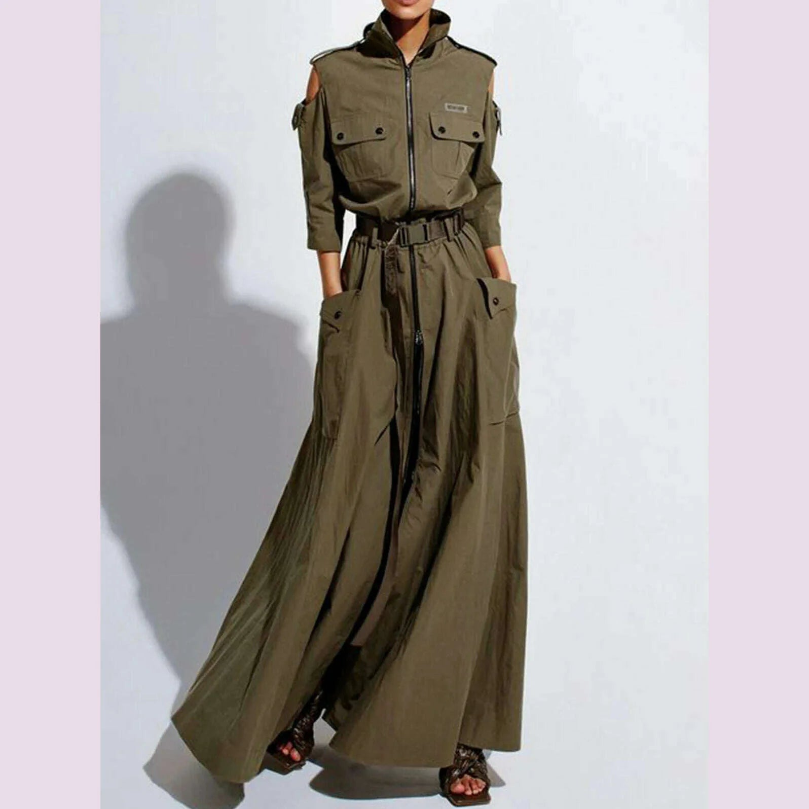 Cargo Dress for Women Vintage Zipper Fly Pockets Vintage High Street Cutout Shoulder Turn Down Collar with Belt Long Dresses