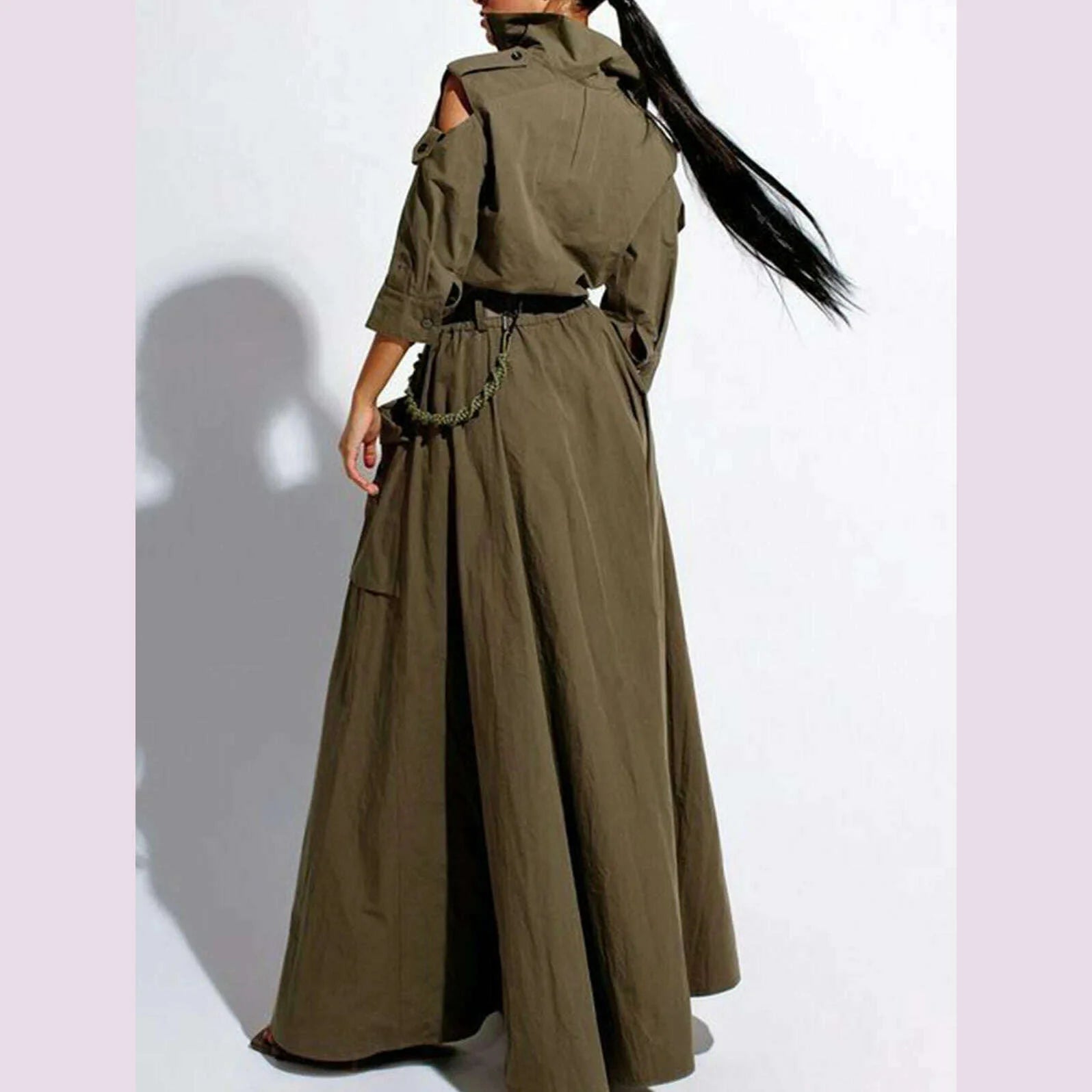 Cargo Dress for Women Vintage Zipper Fly Pockets Vintage High Street Cutout Shoulder Turn Down Collar with Belt Long Dresses