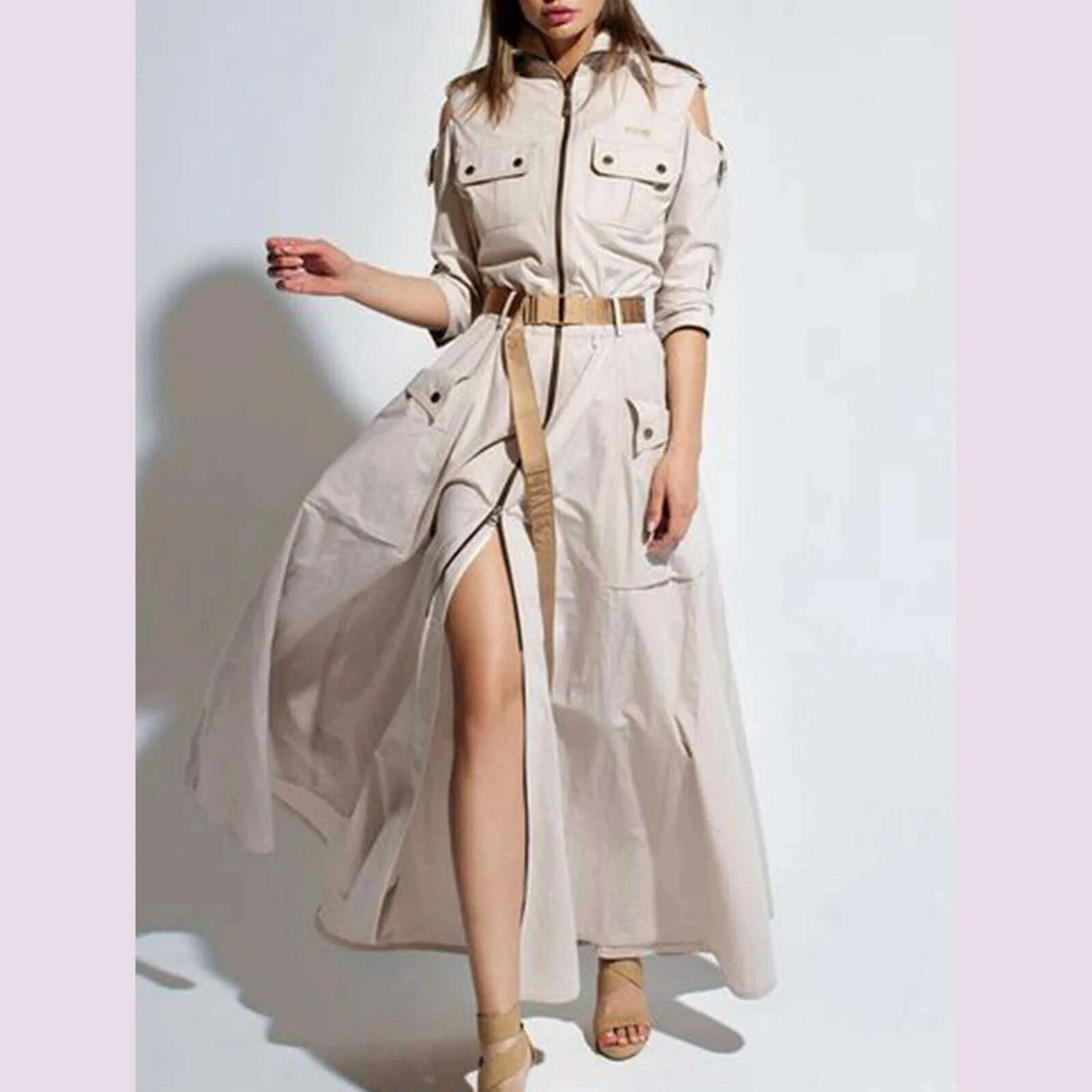 Cargo Dress for Women Vintage Zipper Fly Pockets Vintage High Street Cutout Shoulder Turn Down Collar with Belt Long Dresses