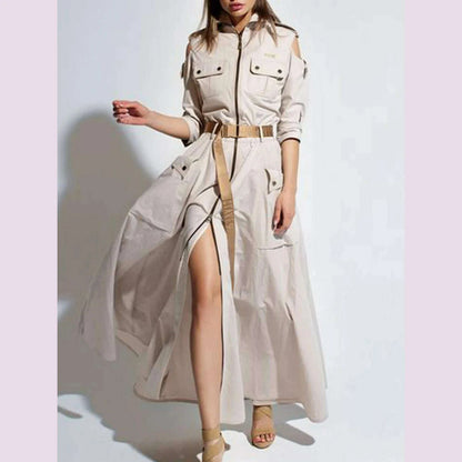 Cargo Dress for Women Vintage Zipper Fly Pockets Vintage High Street Cutout Shoulder Turn Down Collar with Belt Long Dresses