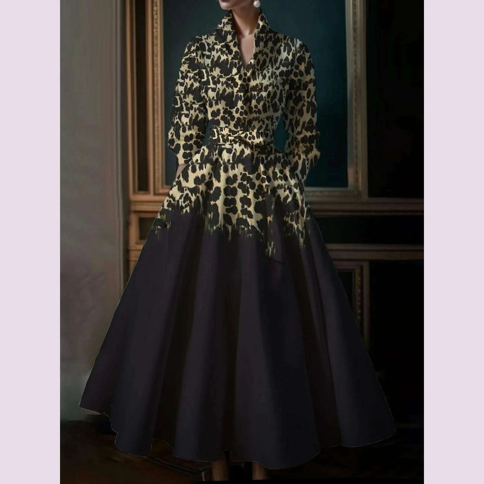 Casual Commuter Retro Boho Leopard Pattern Women's Big Size Dress New High Street Standing Collar Loose Big Swing Shirt Dresses