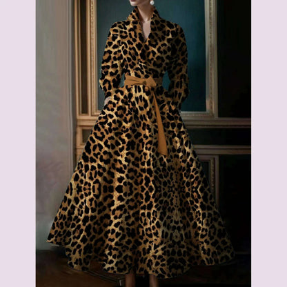 Casual Commuter Retro Boho Leopard Pattern Women's Big Size Dress New High Street Standing Collar Loose Big Swing Shirt Dresses