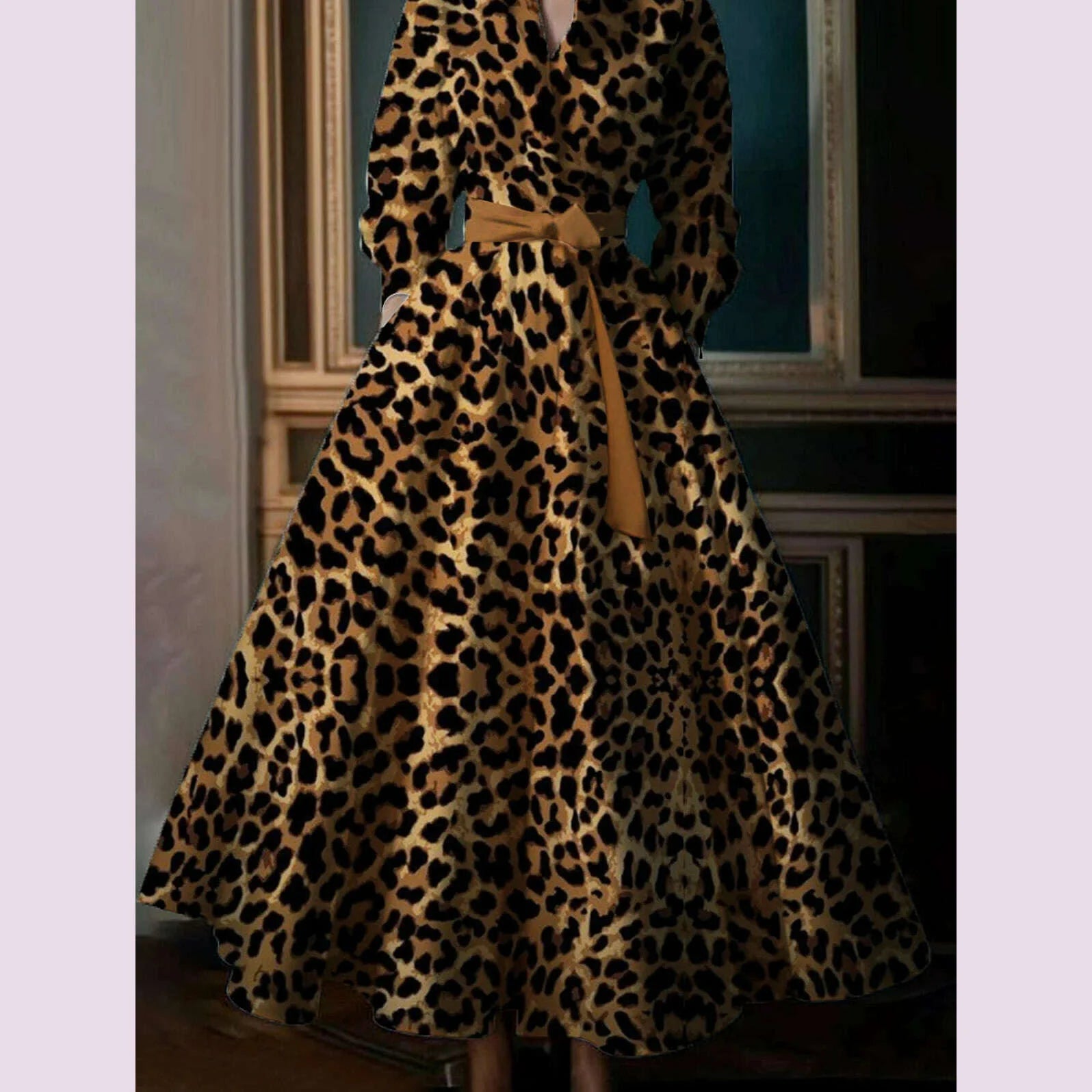 Casual Commuter Retro Boho Leopard Pattern Women's Big Size Dress New High Street Standing Collar Loose Big Swing Shirt Dresses