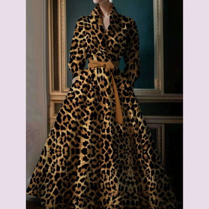 Casual Commuter Retro Boho Leopard Pattern Women's Big Size Dress New High Street Standing Collar Loose Big Swing Shirt Dresses