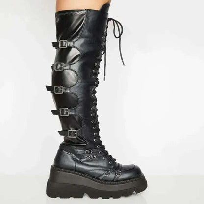 Casual High Sock Boots Women's Slope Sided Belt Leather Buckle Knee Length Stockings Winter Season Overstock