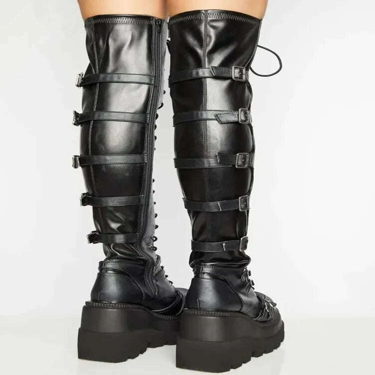 Casual High Sock Boots Women's Slope Sided Belt Leather Buckle Knee Length Stockings Winter Season Overstock