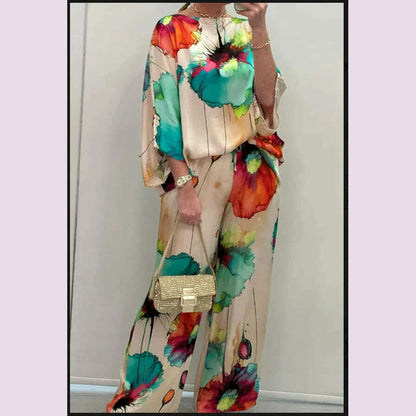Casual Sets for Women 2 pieces Summer Fashion Printed Satin Two Piece Sets Women Sexy Round Neck Top+Wide Leg Long Pants Outfits