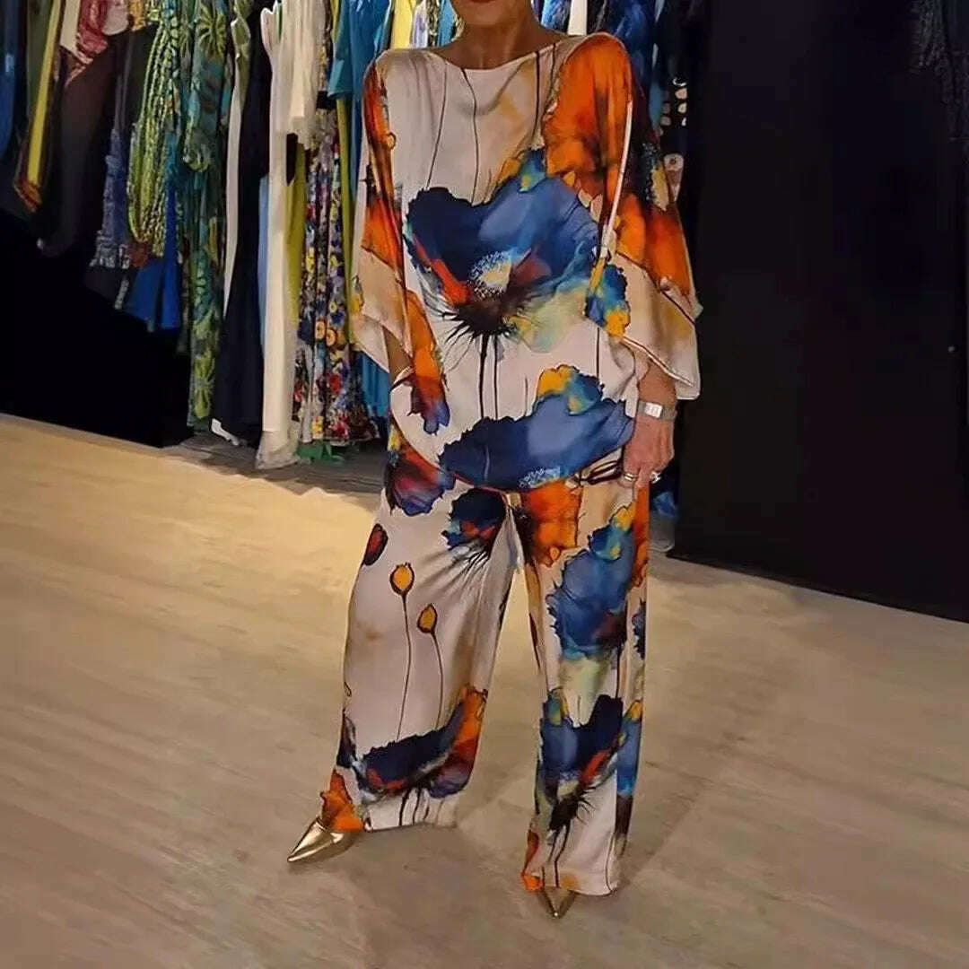 Casual Sets for Women 2 pieces Summer Fashion Printed Satin Two Piece Sets Women Sexy Round Neck Top+Wide Leg Long Pants Outfits
