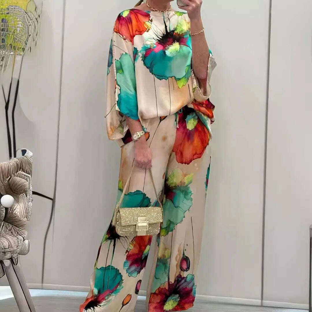 Casual Sets for Women 2 pieces Summer Fashion Printed Satin Two Piece Sets Women Sexy Round Neck Top+Wide Leg Long Pants Outfits