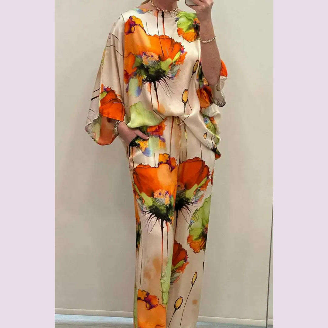Casual Sets for Women 2 pieces Summer Fashion Printed Satin Two Piece Sets Women Sexy Round Neck Top+Wide Leg Long Pants Outfits