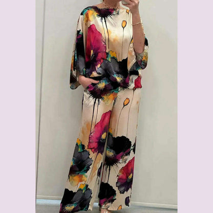Casual Sets for Women 2 pieces Summer Fashion Printed Satin Two Piece Sets Women Sexy Round Neck Top+Wide Leg Long Pants Outfits
