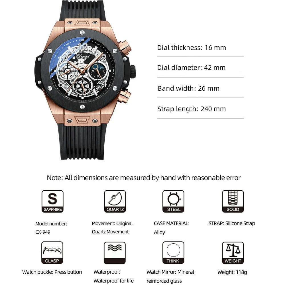 CHENXI 2023 New Watch for Men PU Strap With Chronograph Top Brand Sport Quartz Mens Watches Luminous Waterproof Wristwatch
