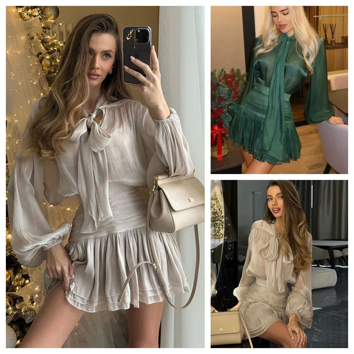 Chic Bow Top Mini Skirts Sets Women O-neck Long Lantern Sleeve Blouses High Waist Pleated Skirt Spring New in Matching Suit