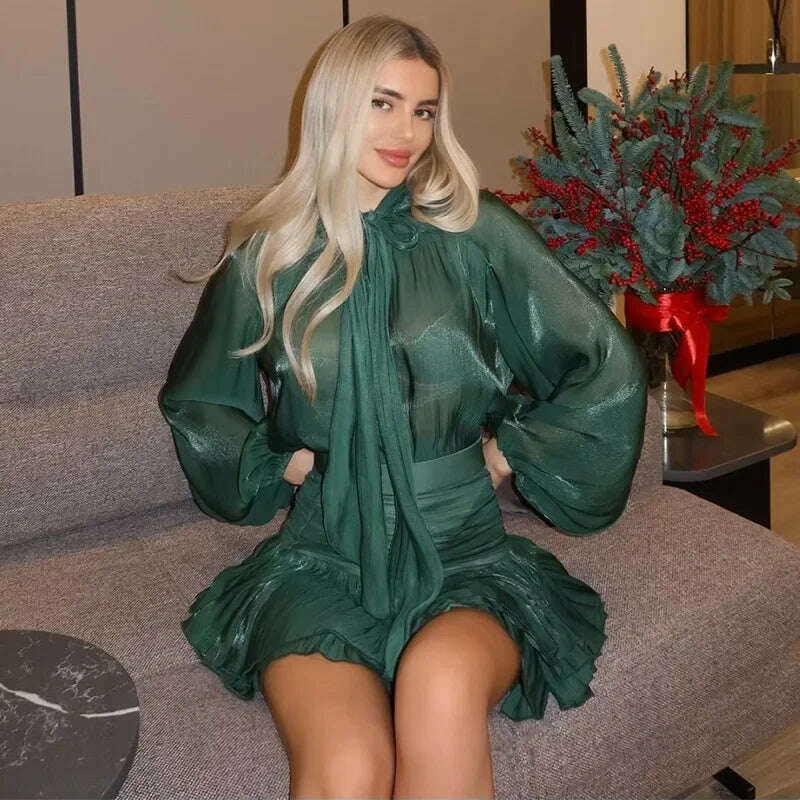 Chic Bow Top Mini Skirts Sets Women O-neck Long Lantern Sleeve Blouses High Waist Pleated Skirt Spring New in Matching Suit
