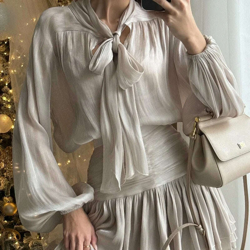 Chic Bow Top Mini Skirts Sets Women O-neck Long Lantern Sleeve Blouses High Waist Pleated Skirt Spring New in Matching Suit
