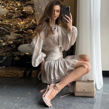 Chic Bow Top Mini Skirts Sets Women O-neck Long Lantern Sleeve Blouses High Waist Pleated Skirt Spring New in Matching Suit