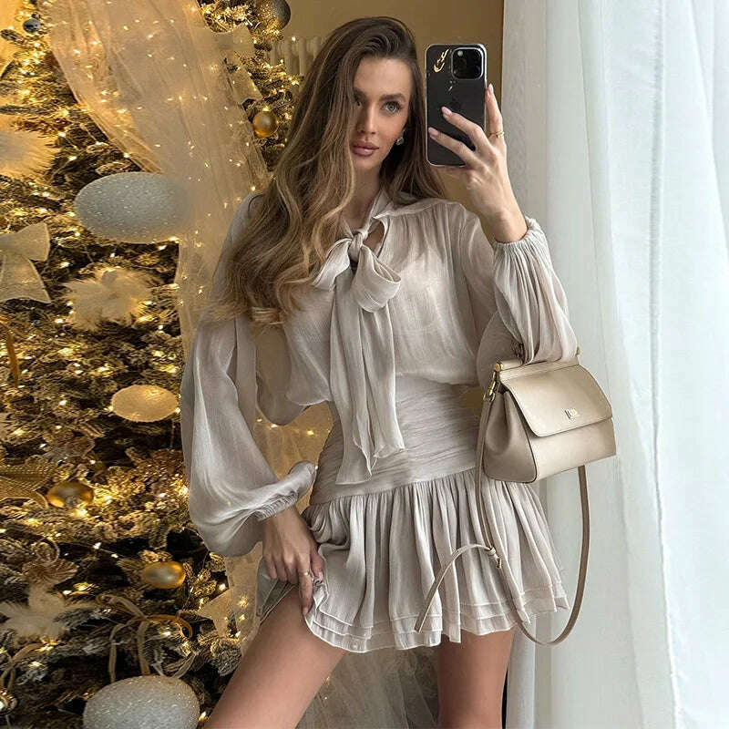 Chic Bow Top Mini Skirts Sets Women O-neck Long Lantern Sleeve Blouses High Waist Pleated Skirt Spring New in Matching Suit