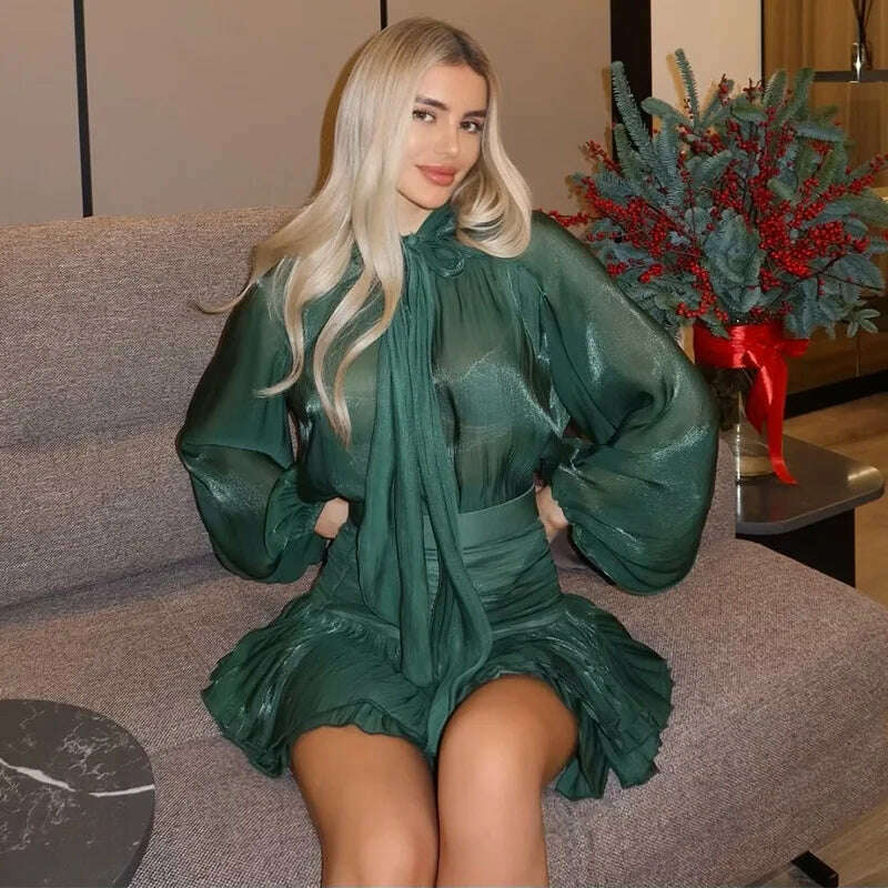 Chic Bow Top Mini Skirts Sets Women O-neck Long Lantern Sleeve Blouses High Waist Pleated Skirt Spring New in Matching Suit