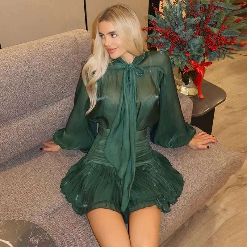 Chic Bow Top Mini Skirts Sets Women O-neck Long Lantern Sleeve Blouses High Waist Pleated Skirt Spring New in Matching Suit