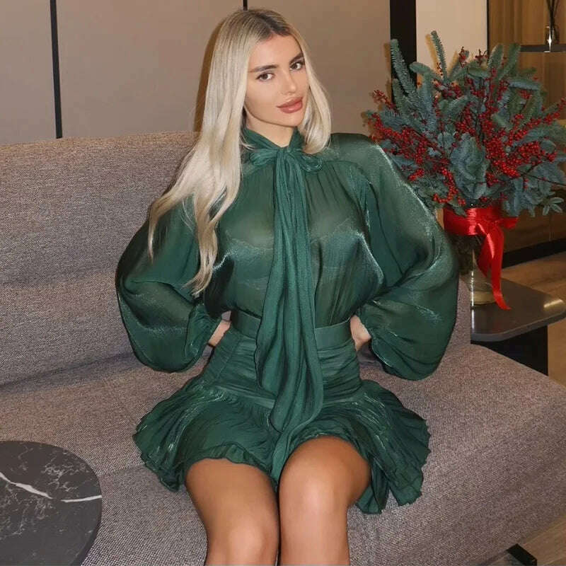 Chic Bow Top Mini Skirts Sets Women O-neck Long Lantern Sleeve Blouses High Waist Pleated Skirt Spring New in Matching Suit