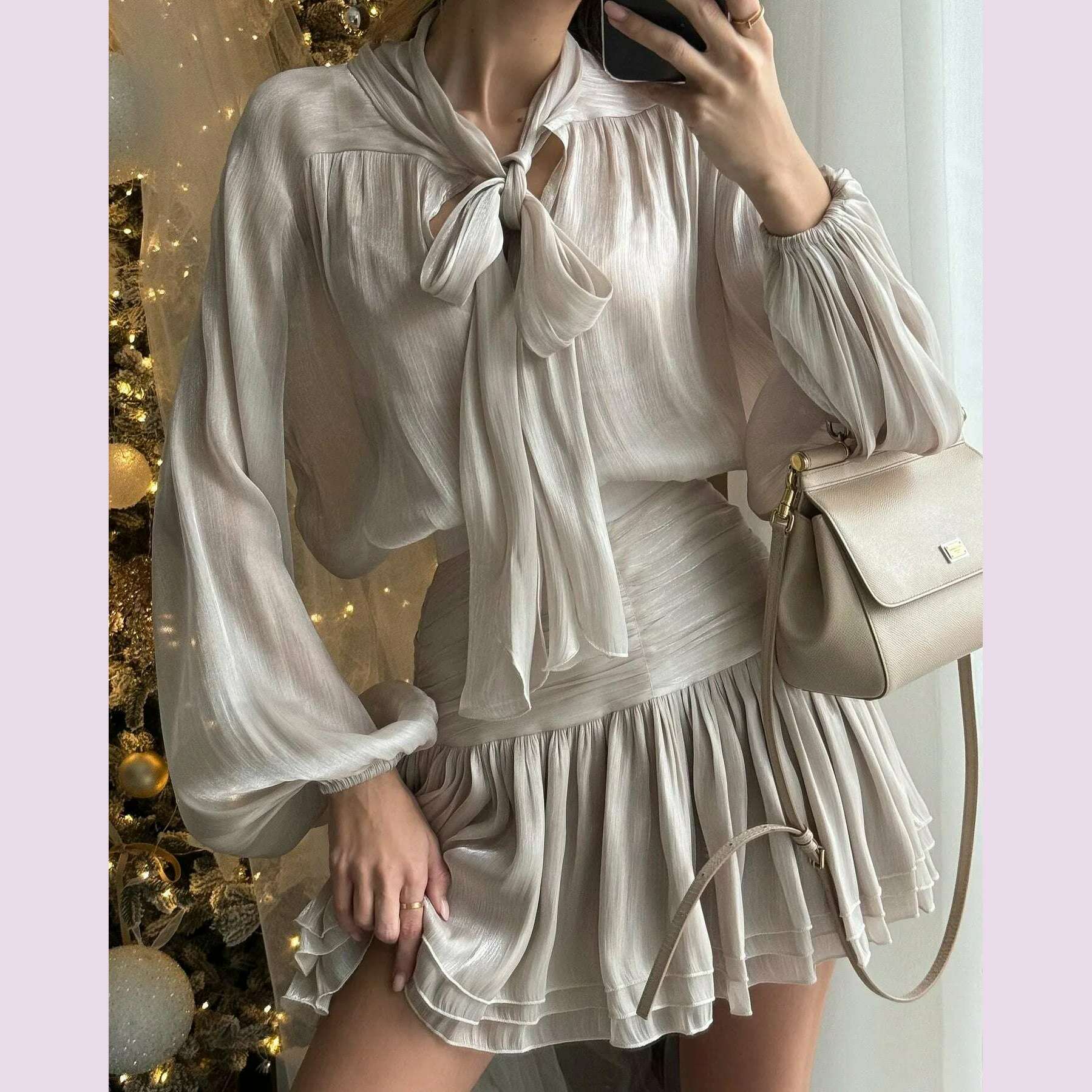 Chic Bow Top Mini Skirts Sets Women O-neck Long Lantern Sleeve Blouses High Waist Pleated Skirt Spring New in Matching Suit