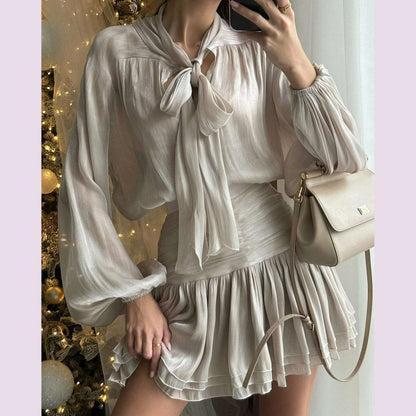 Chic Bow Top Mini Skirts Sets Women O-neck Long Lantern Sleeve Blouses High Waist Pleated Skirt Spring New in Matching Suit