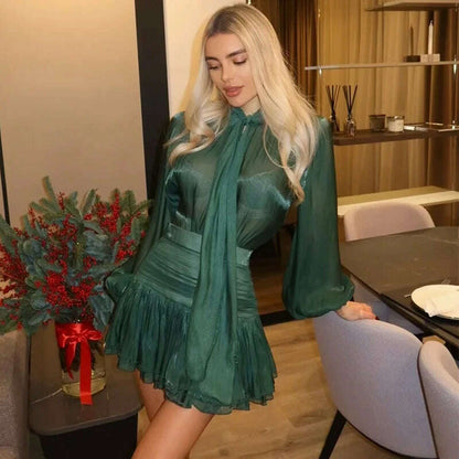 Chic Bow Top Mini Skirts Sets Women O-neck Long Lantern Sleeve Blouses High Waist Pleated Skirt Spring New in Matching Suit