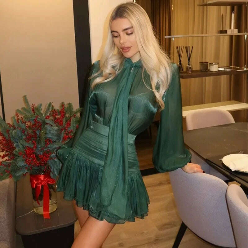 Chic Bow Top Mini Skirts Sets Women O-neck Long Lantern Sleeve Blouses High Waist Pleated Skirt Spring New in Matching Suit