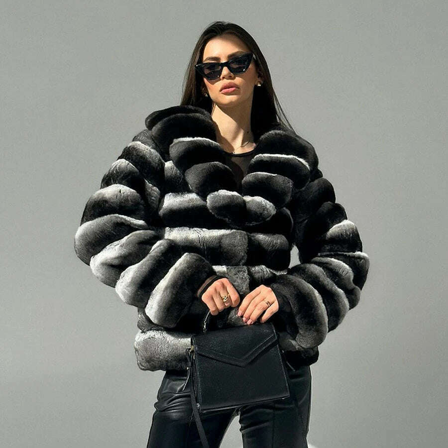 Chinchilla Fur Coats Real Rex Rabbit Fur Jacket With Stand Collar Short Fur Coat Women Warm Winter Outerwear