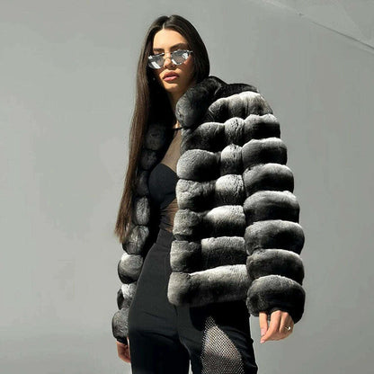Chinchilla Fur Coats Real Rex Rabbit Fur Jacket With Stand Collar Short Fur Coat Women Warm Winter Outerwear