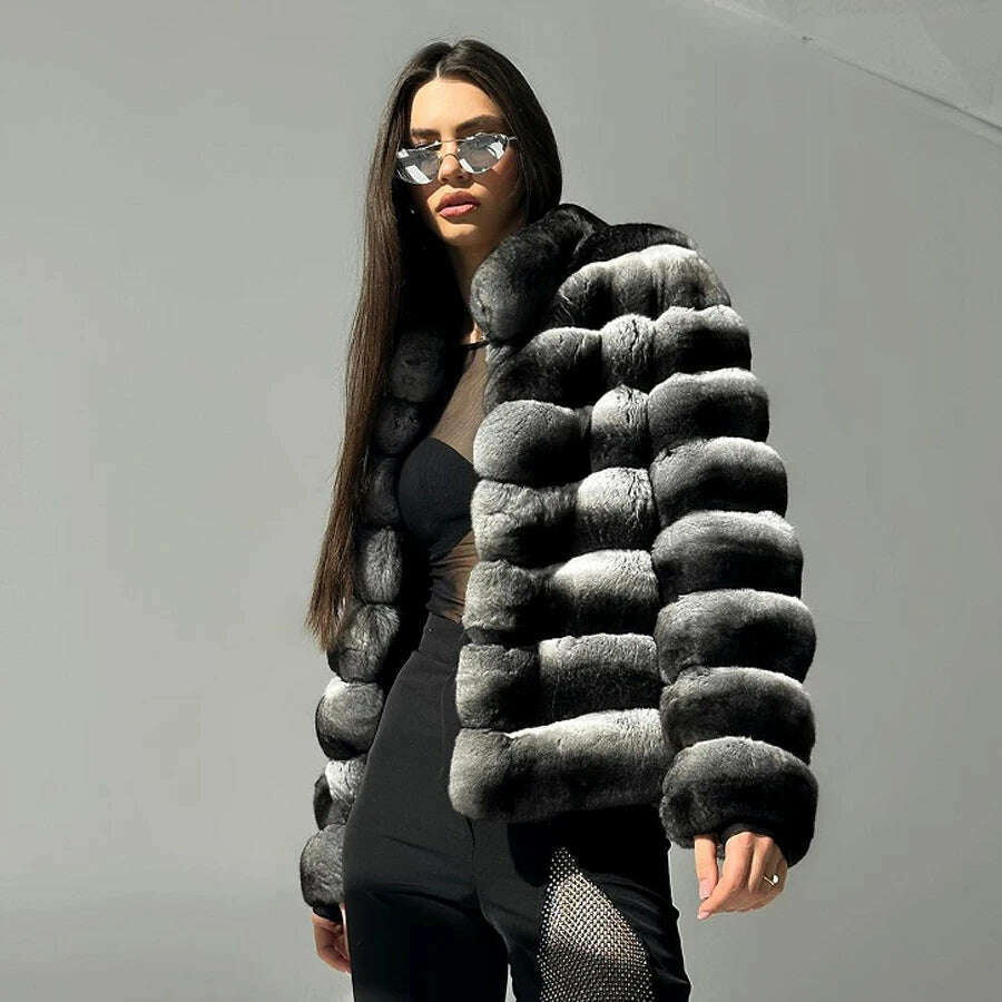 Chinchilla Fur Coats Real Rex Rabbit Fur Jacket With Stand Collar Short Fur Coat Women Warm Winter Outerwear