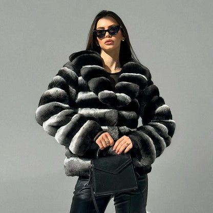 Chinchilla Fur Coats Real Rex Rabbit Fur Jacket With Stand Collar Short Fur Coat Women Warm Winter Outerwear