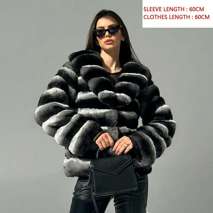 Chinchilla Fur Coats Real Rex Rabbit Fur Jacket With Stand Collar Short Fur Coat Women Warm Winter Outerwear