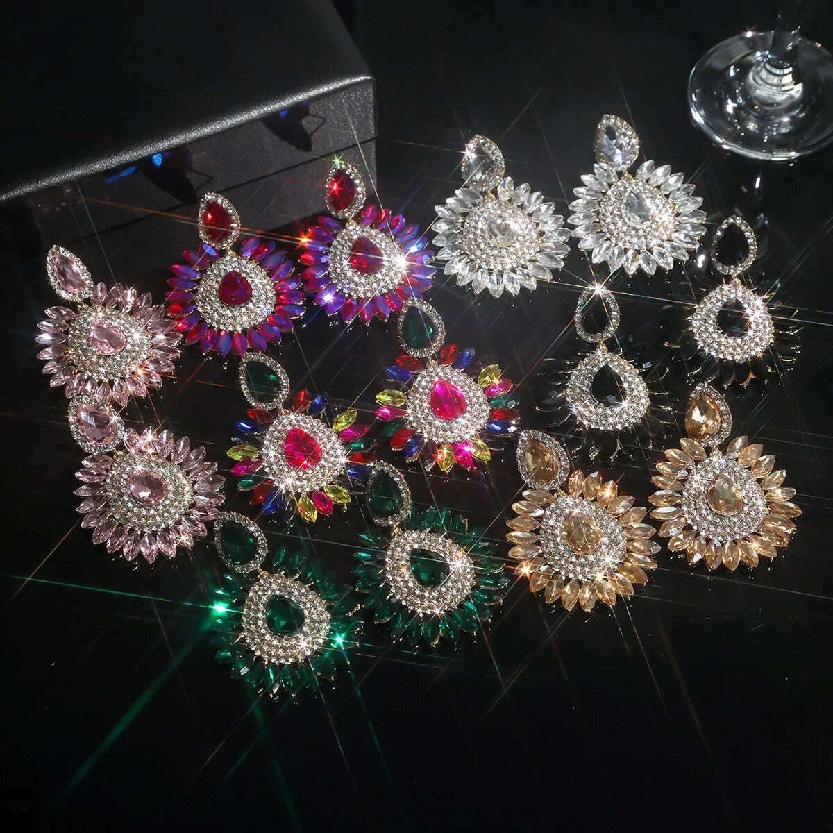Classic luxury colored glass rhinestone sunflower earrings design sense of fashion personality temperament versatile earrings