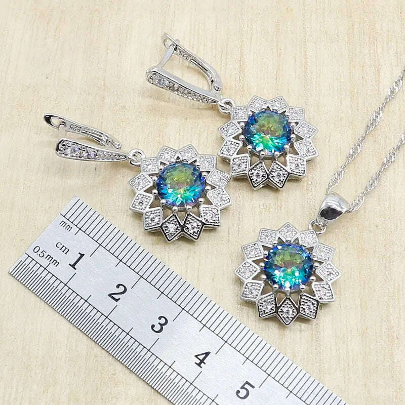 Classic Rainbow Zircon Necklace Earrings Sets For Women 925 Silver Ring Pendants Bracelets Rainbow Wedding Jewelry Sets