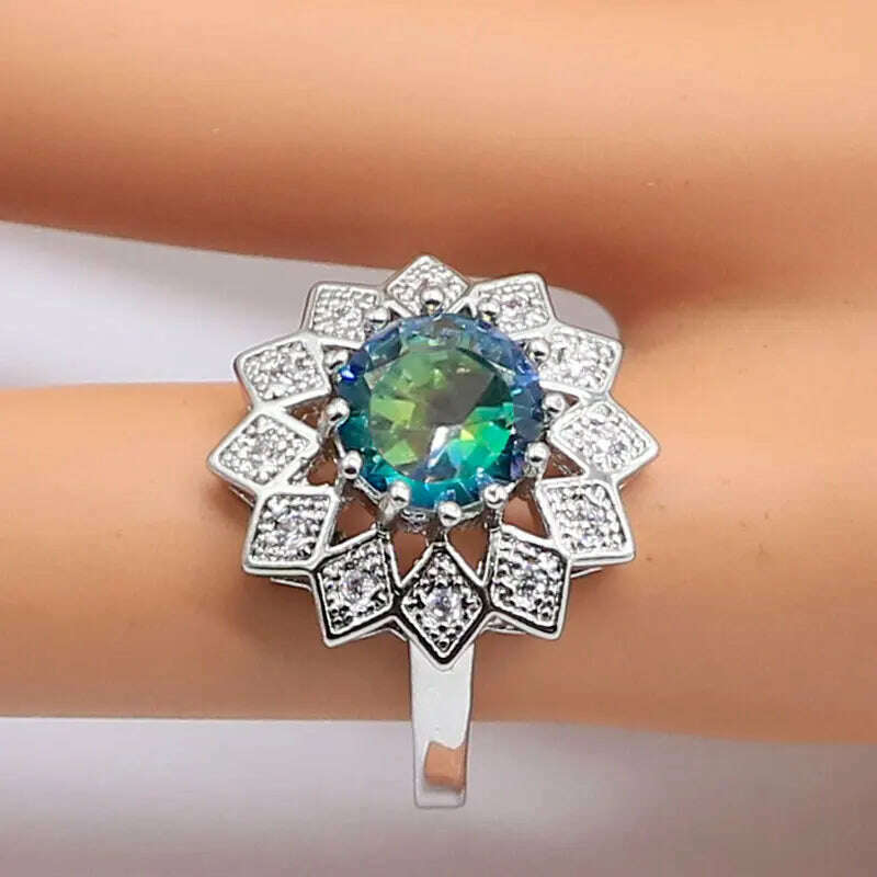 Classic Rainbow Zircon Necklace Earrings Sets For Women 925 Silver Ring Pendants Bracelets Rainbow Wedding Jewelry Sets
