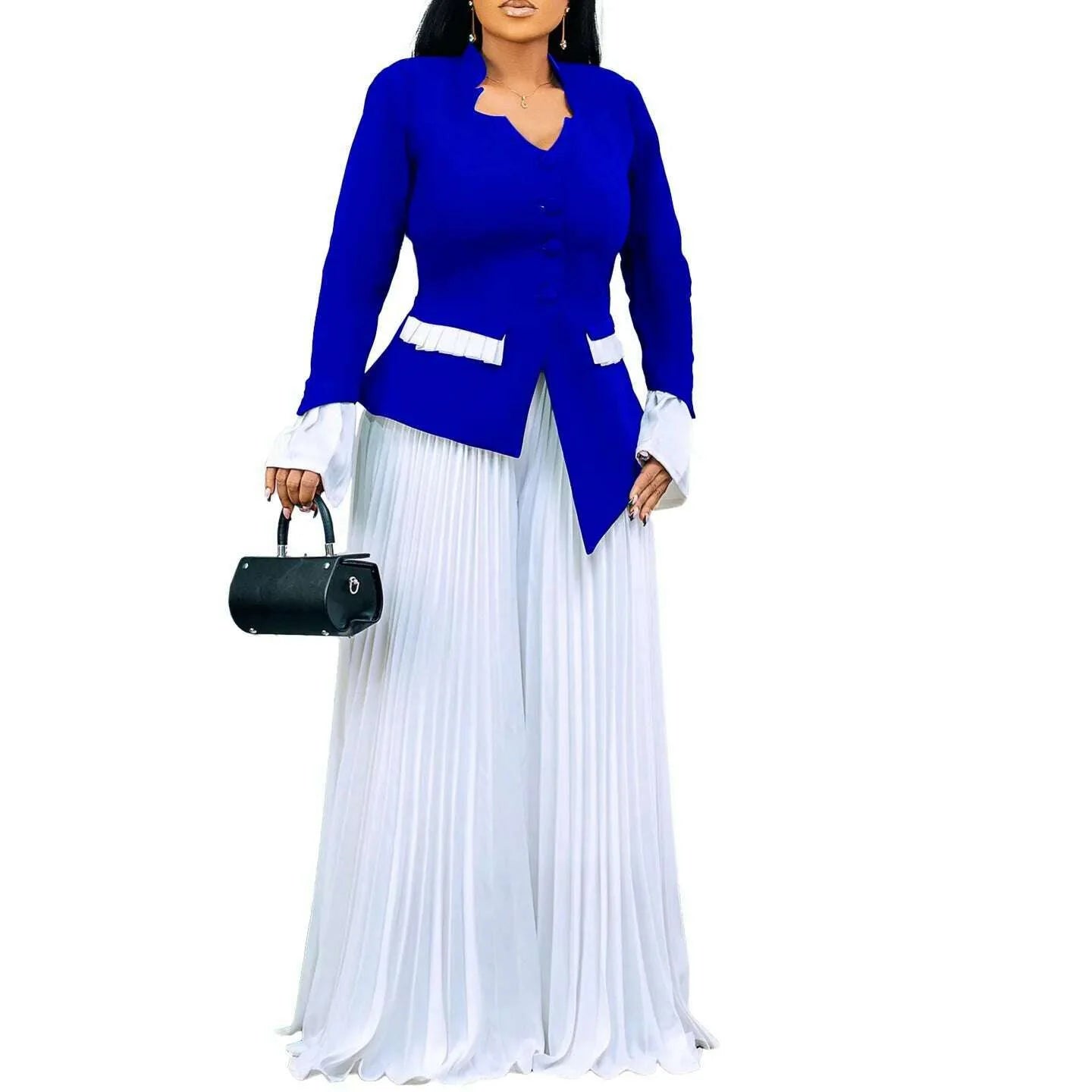 CM.YAYA Women's Set Full Flare Sleeve Button Blazer Shirt + Pleated Long Pants Suit Streetwear Two 2 Piece Set Africa OL Outfits