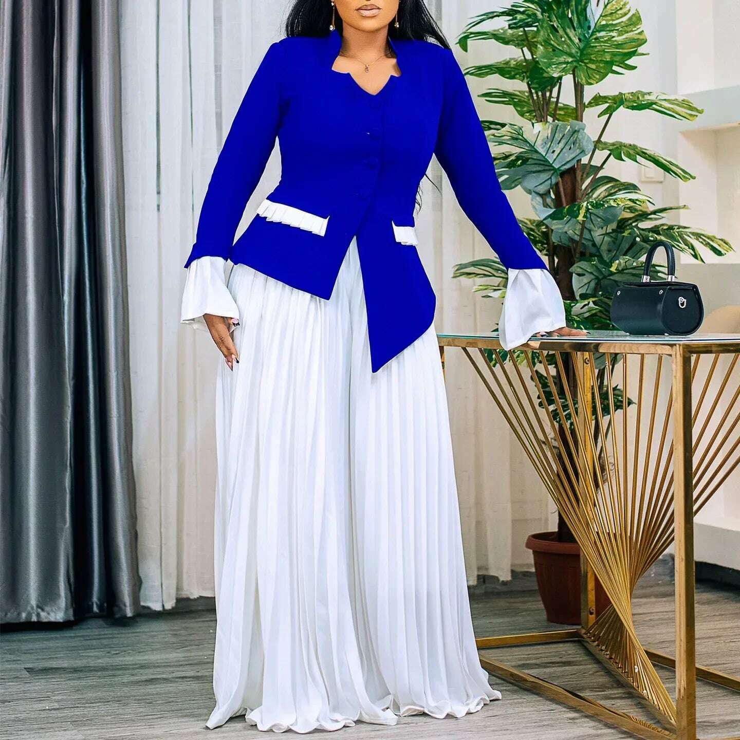 CM.YAYA Women's Set Full Flare Sleeve Button Blazer Shirt + Pleated Long Pants Suit Streetwear Two 2 Piece Set Africa OL Outfits