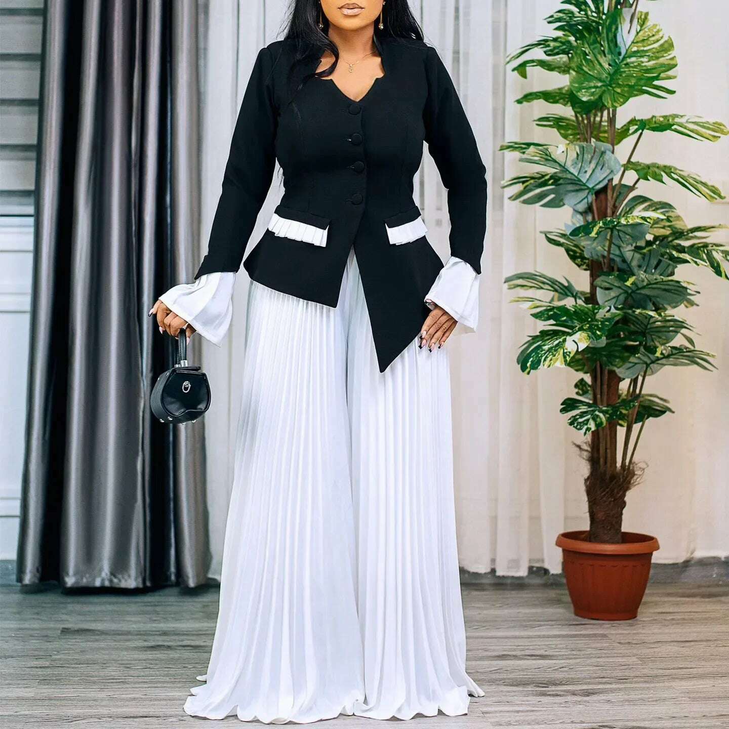 CM.YAYA Women's Set Full Flare Sleeve Button Blazer Shirt + Pleated Long Pants Suit Streetwear Two 2 Piece Set Africa OL Outfits