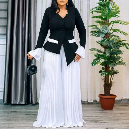 CM.YAYA Women's Set Full Flare Sleeve Button Blazer Shirt + Pleated Long Pants Suit Streetwear Two 2 Piece Set Africa OL Outfits