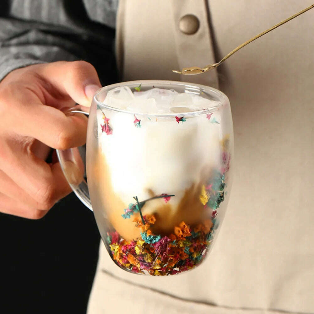 Creative Double Wall Glass Cup Dried Flower Filler Glass Cups  Tea Coffee Cups Gifts High Borosilicate Glass Cups with Handles
