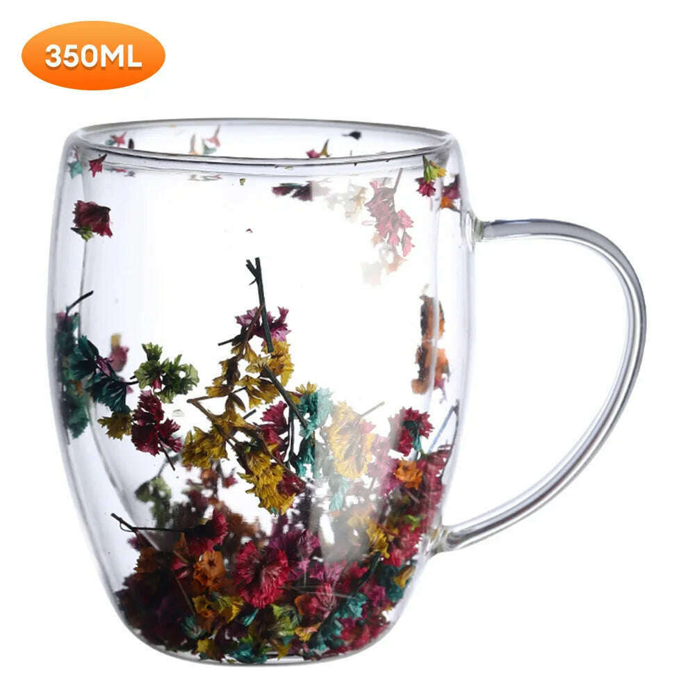Creative Double Wall Glass Cup Dried Flower Filler Glass Cups  Tea Coffee Cups Gifts High Borosilicate Glass Cups with Handles