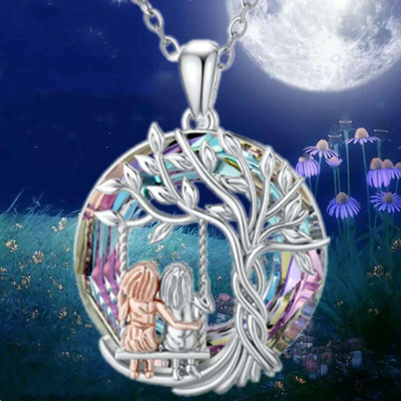 Creative Sister Crystal Necklace Stainless Steel Life Tree Pendant Engagement Necklaces for Women Stainless Steel Jewelry Gift