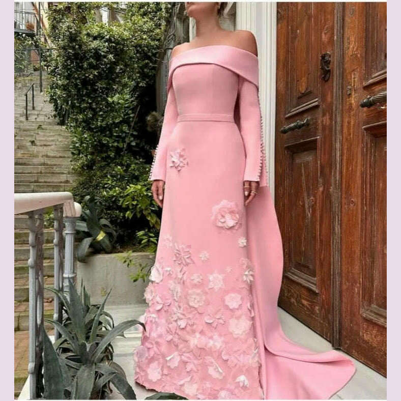 Customized Boat Neck   Long Sleeves Button A Line Detachable  Court Train Belt Hand Made Flower Custom Made Evening Dresses