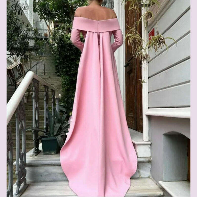Customized Boat Neck   Long Sleeves Button A Line Detachable  Court Train Belt Hand Made Flower Custom Made Evening Dresses